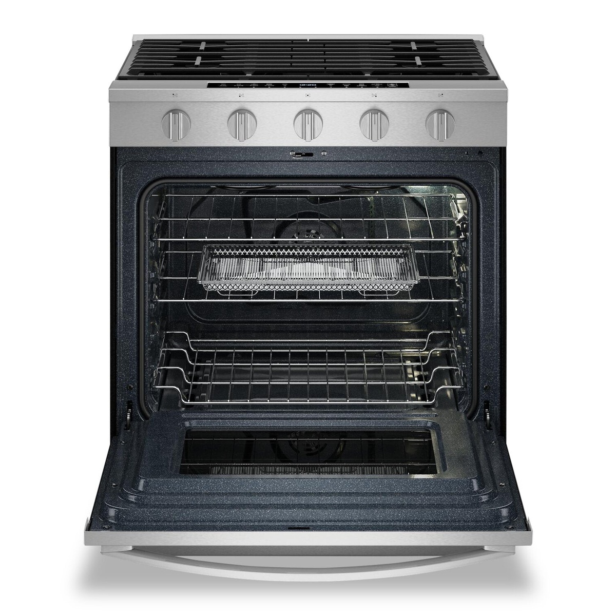 Open oven cavity showing racks and included air fry basket inside the Whirlpool slide-in gas range
