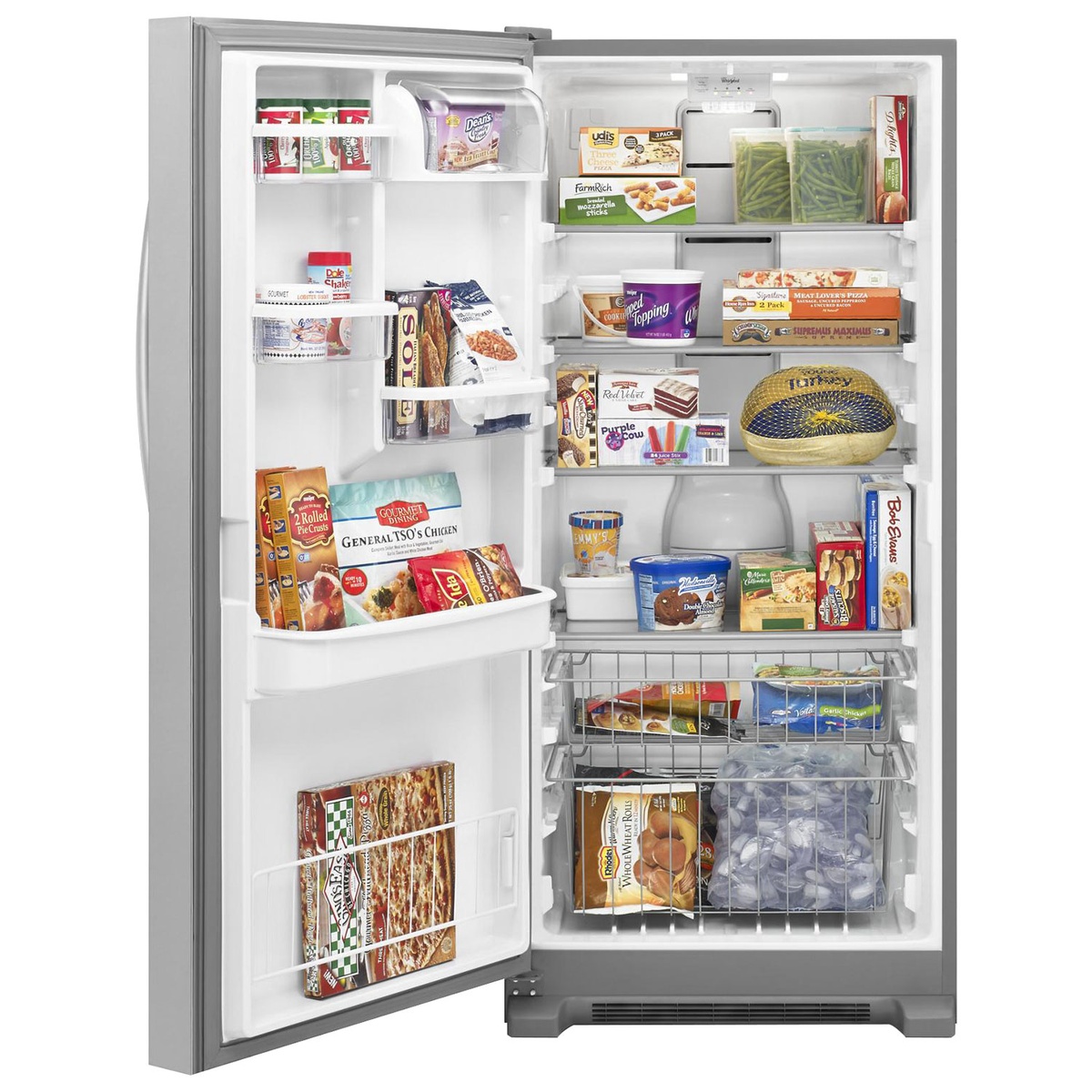 Freezer fully stocked illustrating generous 18 cu. ft. capacity and organized storage zones
