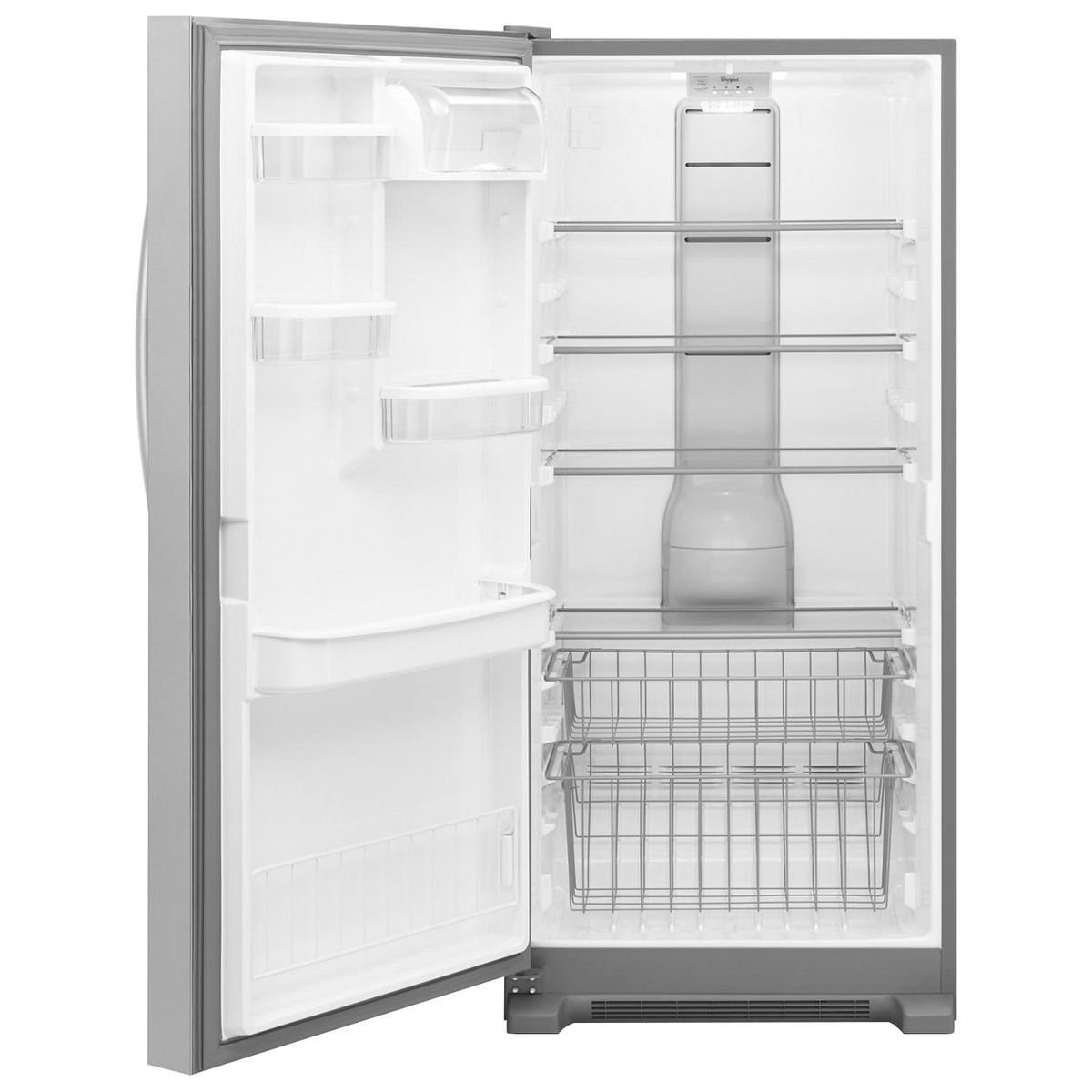 Interior view showing adjustable glass shelves, door bins, and two wire baskets in the Whirlpool SideKicks upright freezer