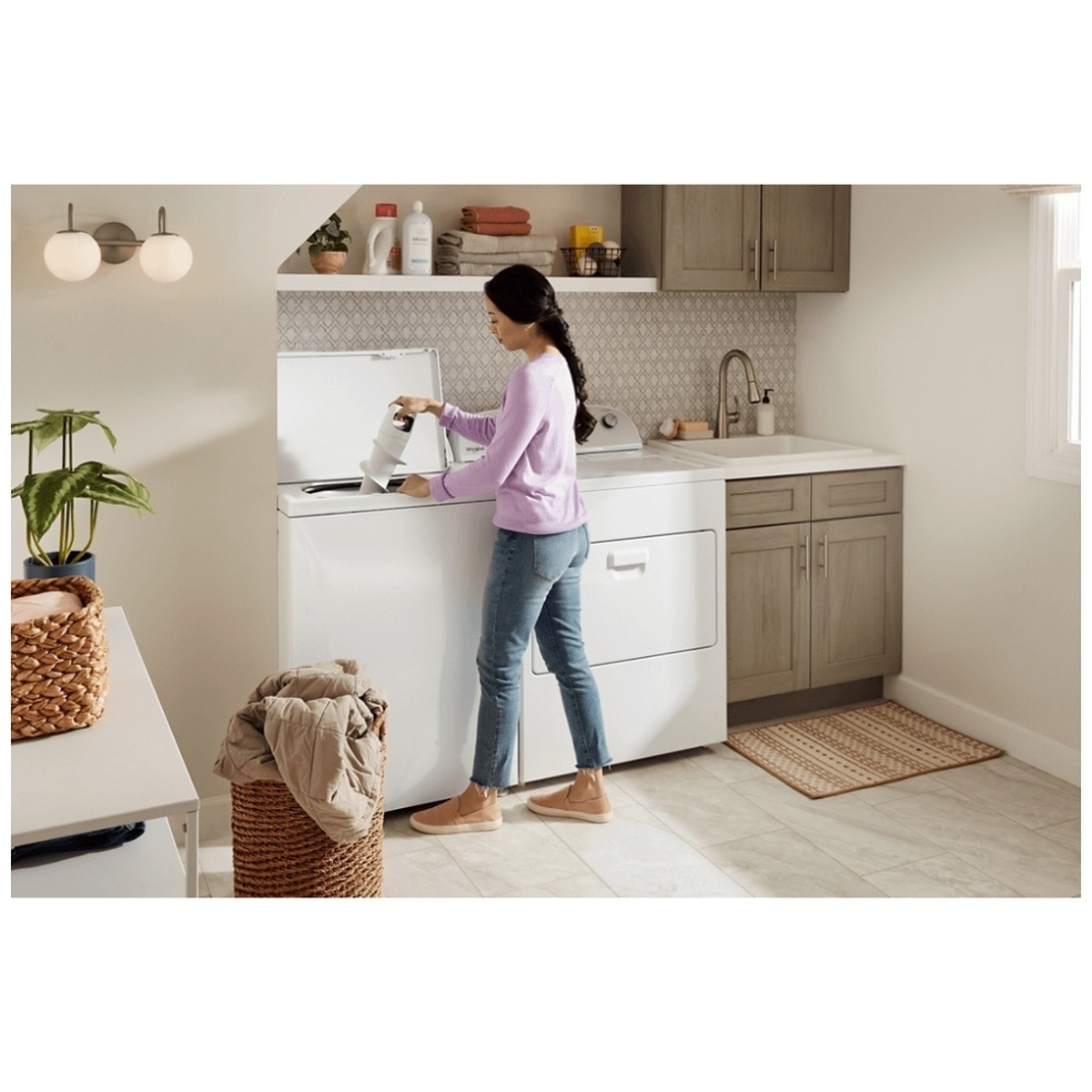Washer installed in a bright laundry room