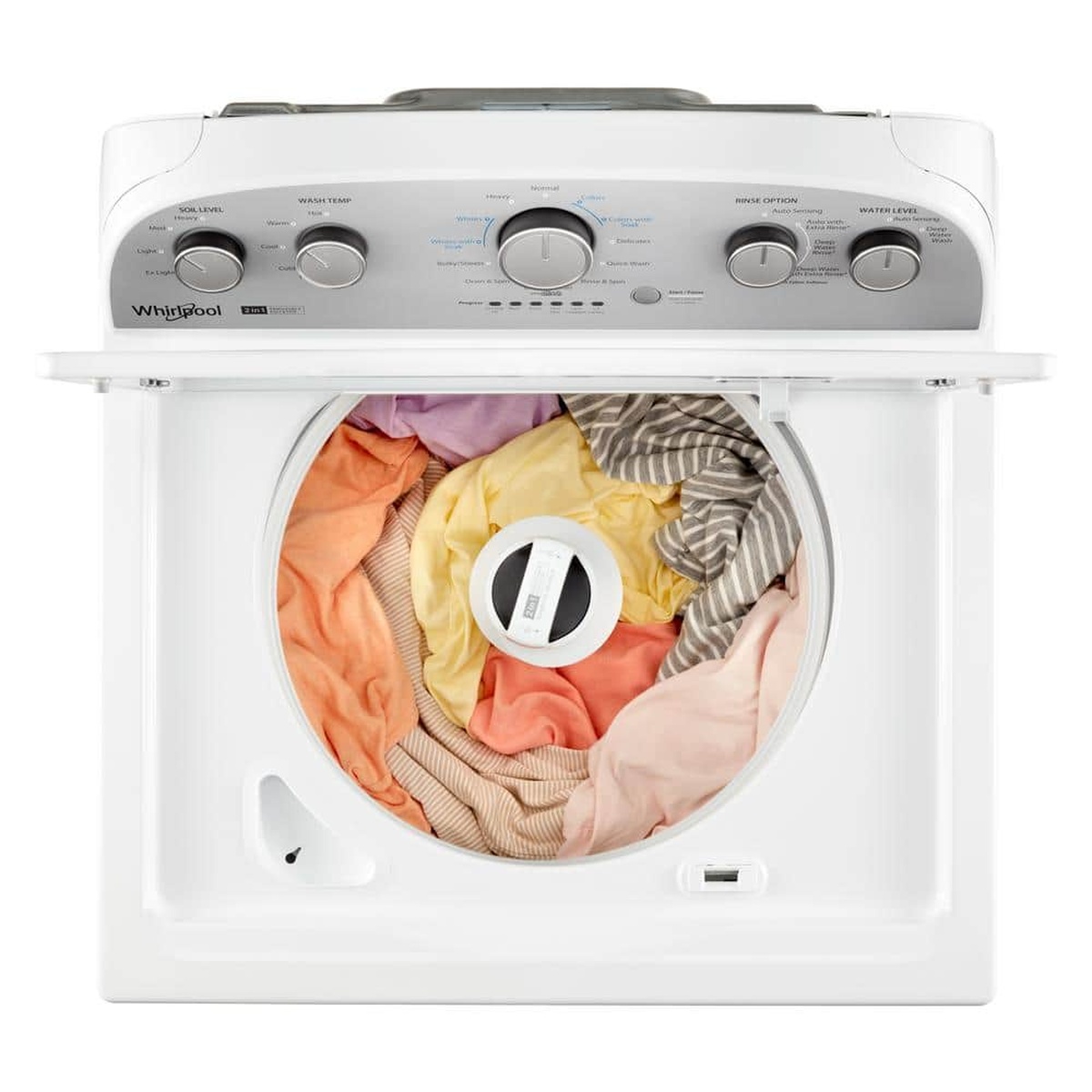 Washer tub loaded with mixed garments around the removable agitator.