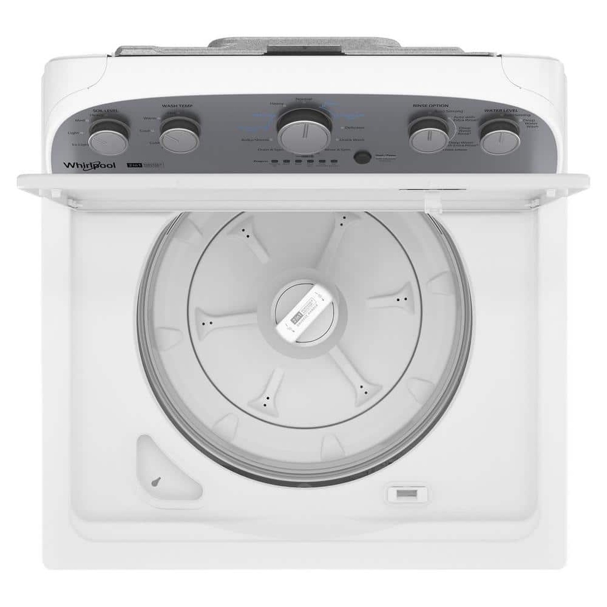 Top view of washer with open lid showing impeller and removable agitator hub.