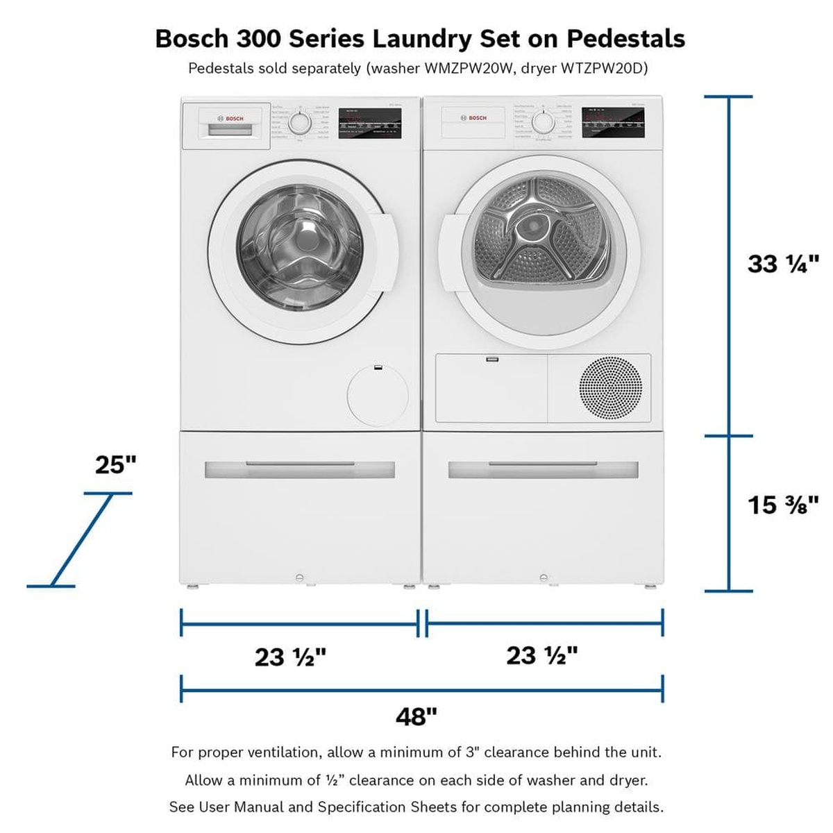 Bosch 300 Series laundry set with pedestals showing key dimensions annotated