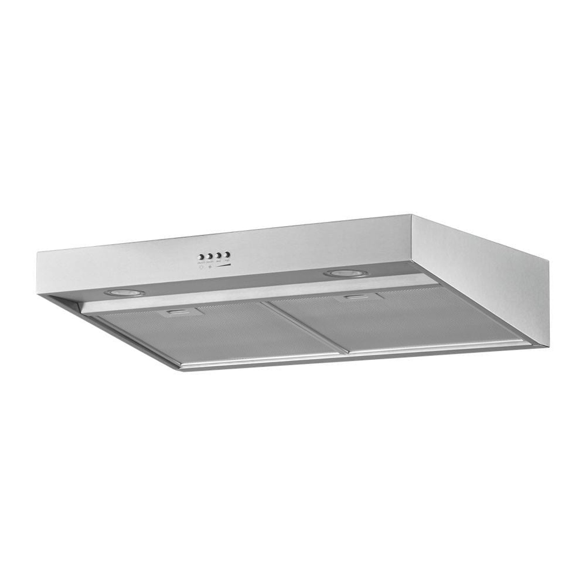 Under-cabinet range hood bottom view showing two full-width grease filters and LED lights
