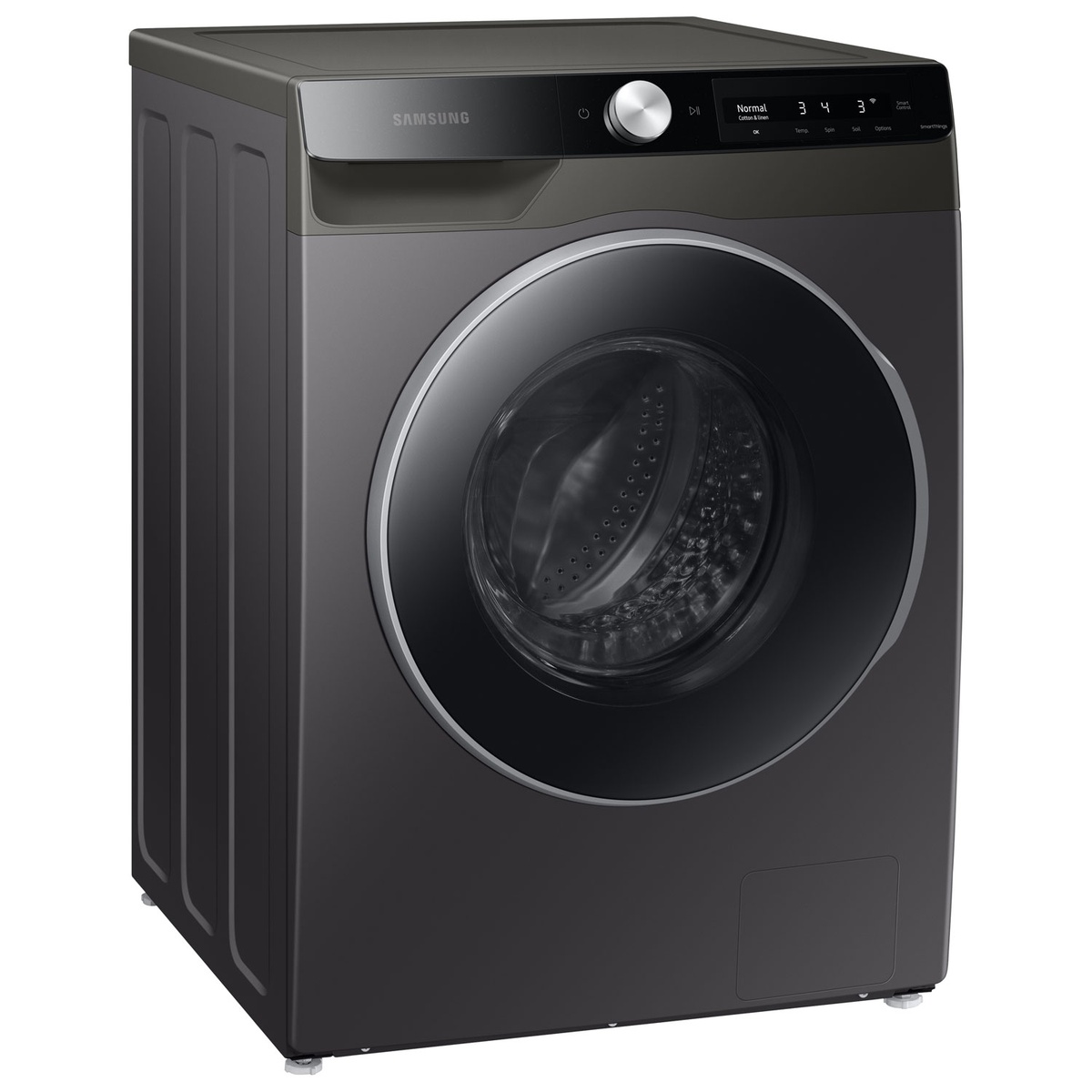 Angled view showing Samsung washer control panel with AI Smart Dial and digital display.