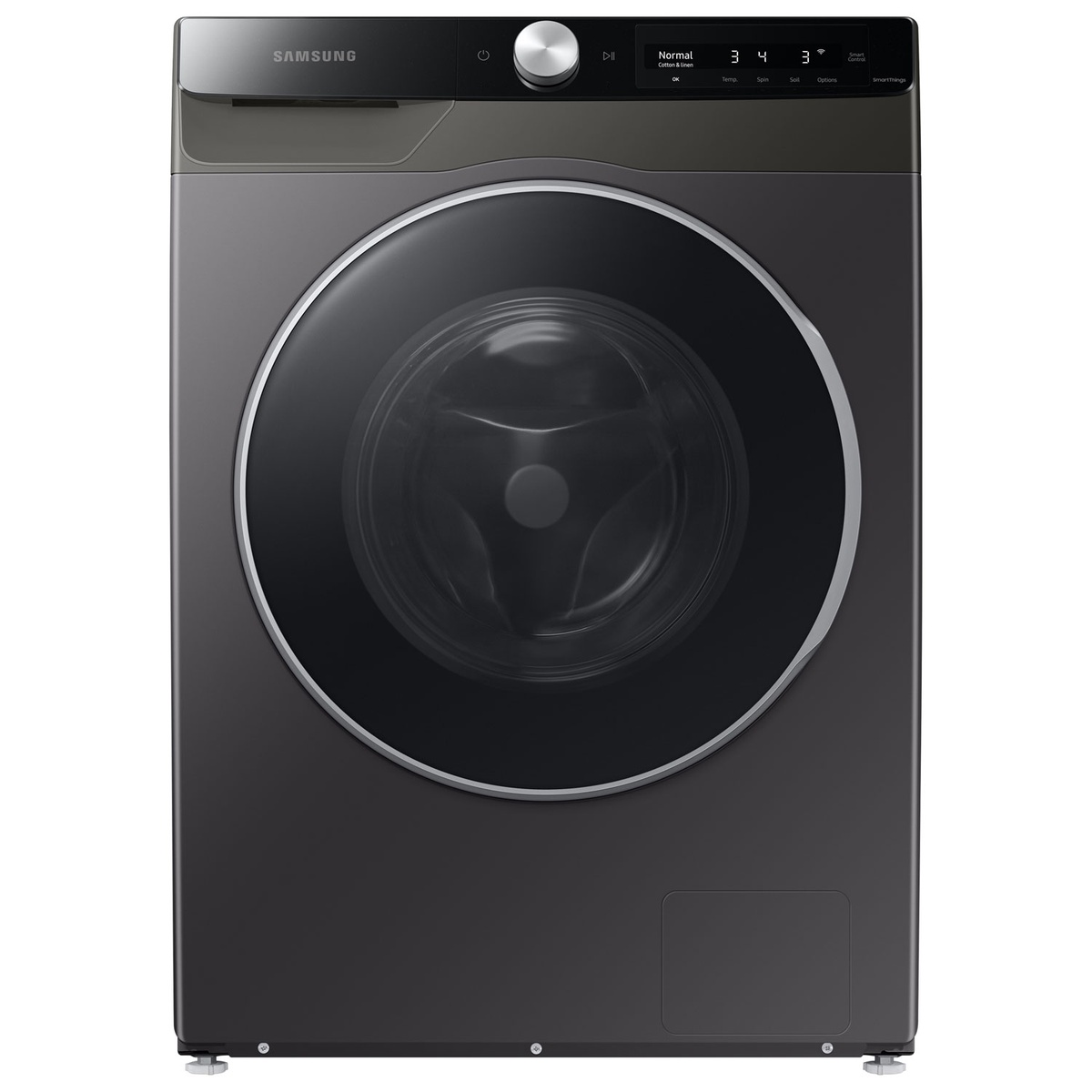 Front view of Samsung compact front load washer with clear door and digital control dial.