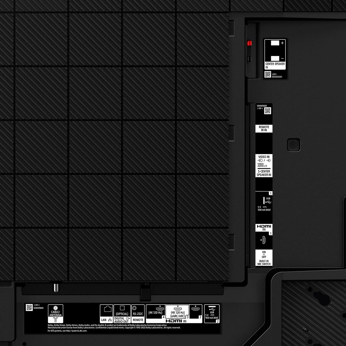 Rear I/O of Sony XR83A80L showing HDMI ports and connectivity options
