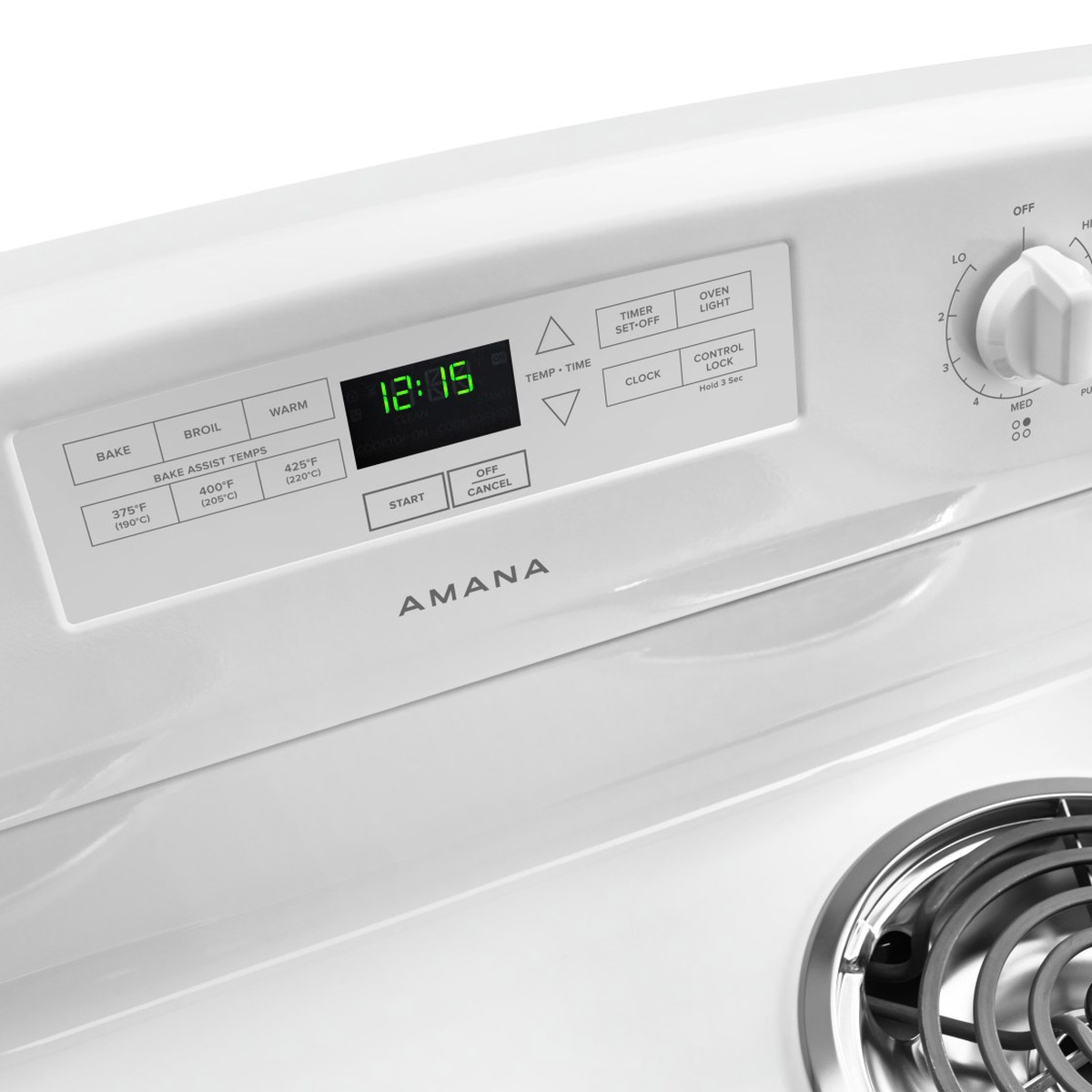 Close-up of easy touch electronic controls with bake assist temps and digital clock