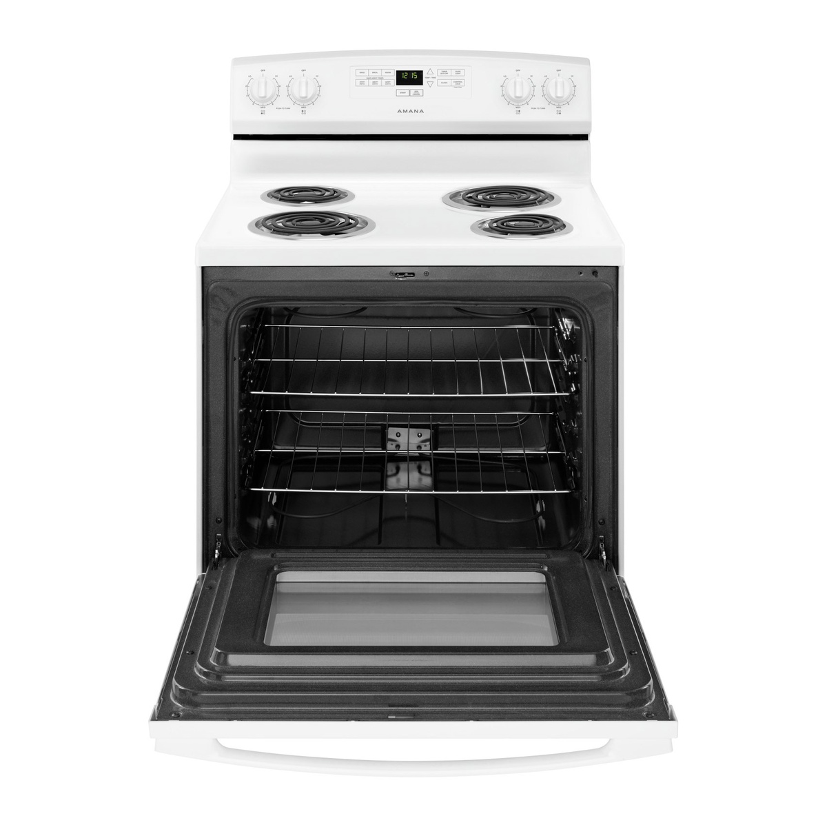 Open oven showing two racks and spacious interior