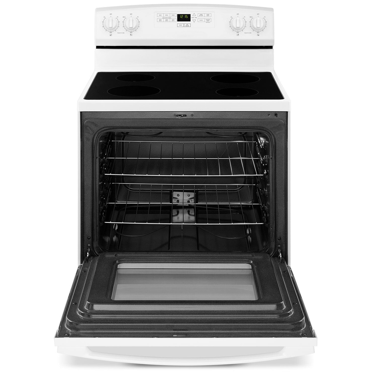 Open Amana oven showing spacious 4.8 cu. ft. cavity with two racks and large window.