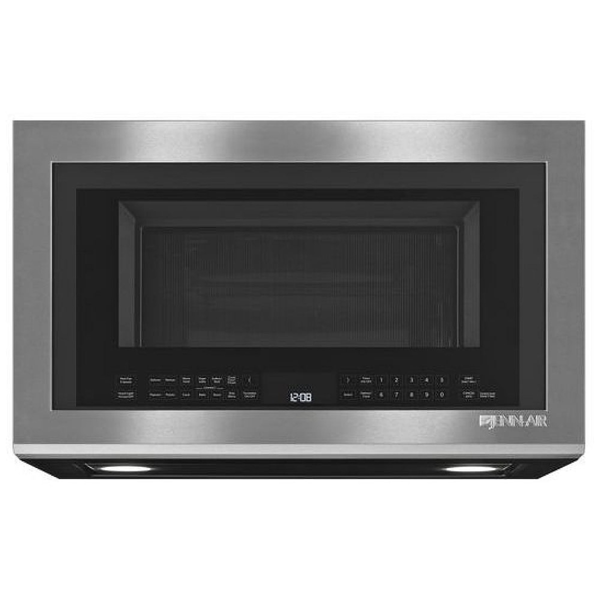 JennAir stainless over-the-range microwave with edge-to-edge glass front and task lights underneath.