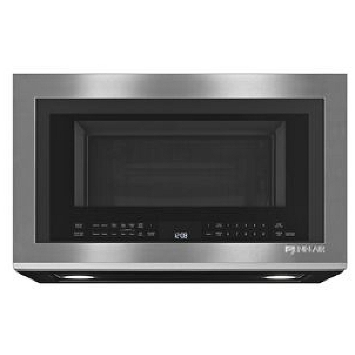 Close front view showing the JennAir microwave touch controls and digital clock.