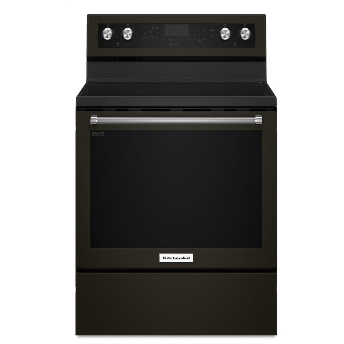 Front view of black KitchenAid freestanding electric range with backguard controls and towel-bar handle
