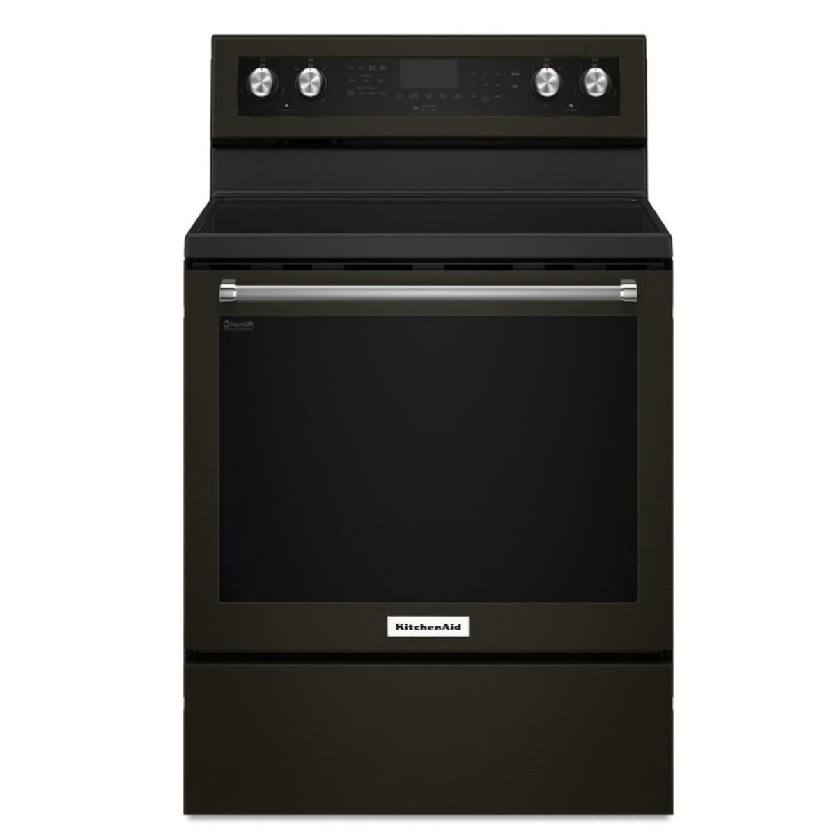 Front view of KitchenAid black stainless electric range with control knobs and large window