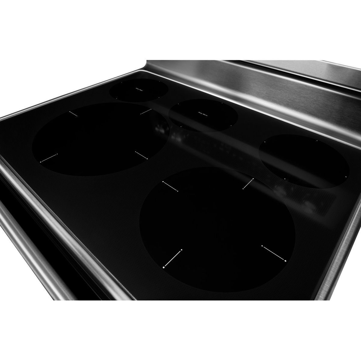 Close-up of the smooth top with five radiant elements, including dual sizes and a center warming zone.