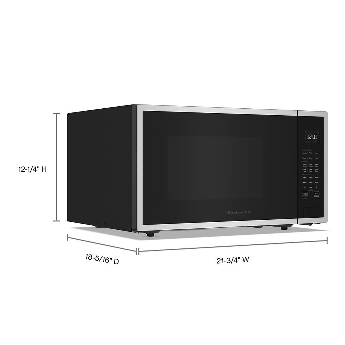 Microwave shown with labeled width, height, and depth callouts
