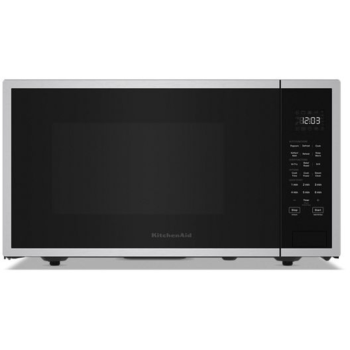 Front view of stainless countertop microwave with right-side touch control panel