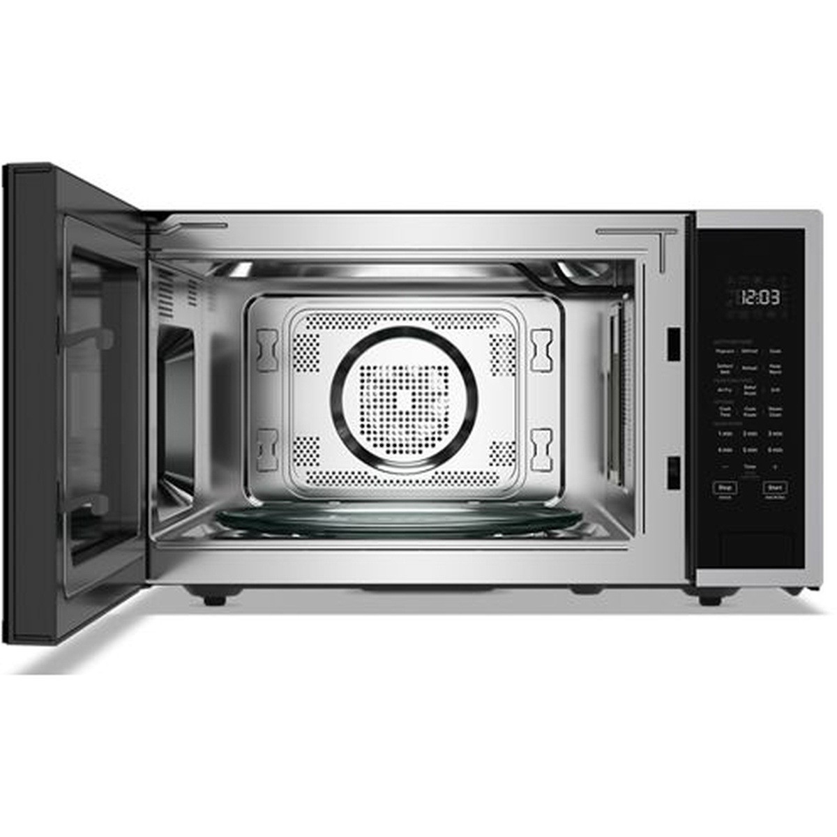 Microwave with door open showing interior cavity and glass turntable
