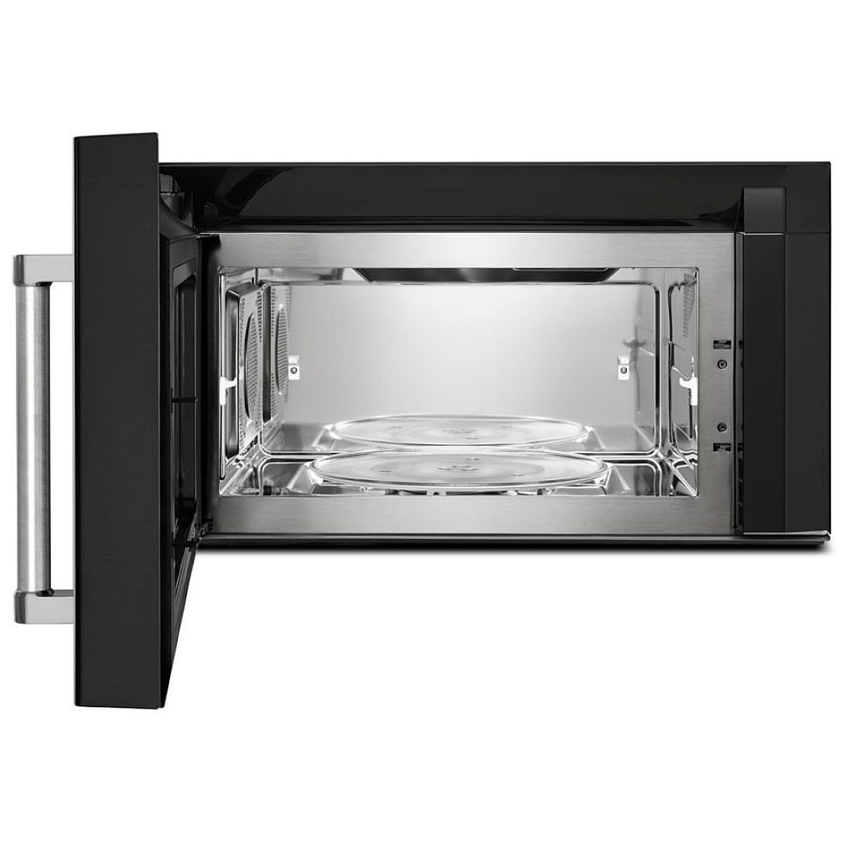 Open microwave door showing bright stainless steel interior with glass turntable.
