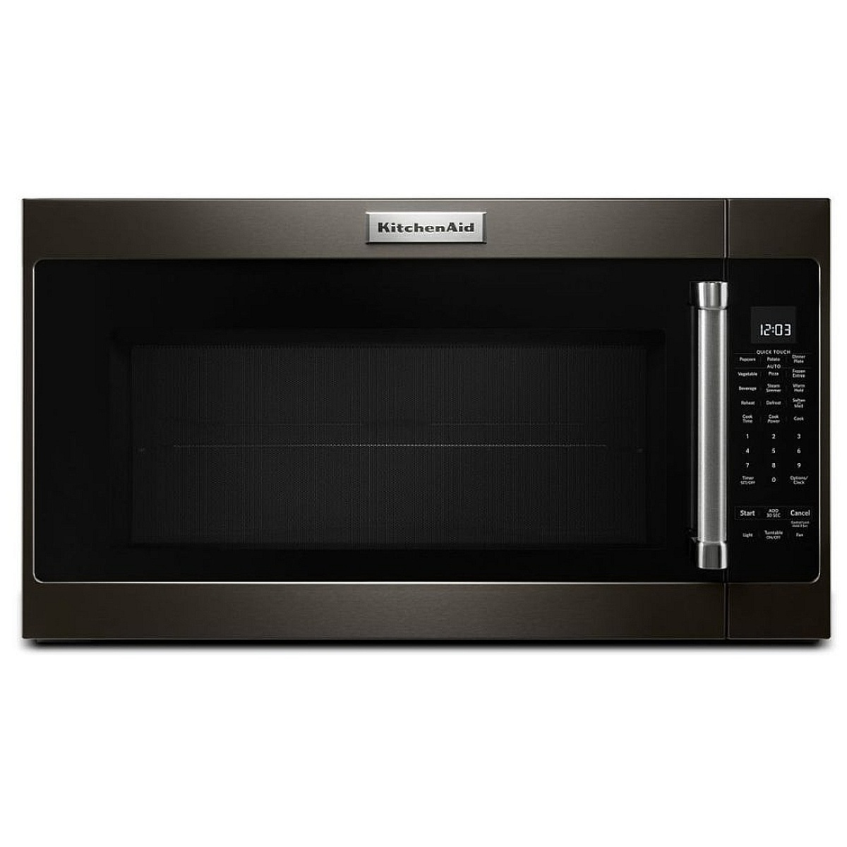 Front view showing touch control panel and digital clock on the right side of the microwave