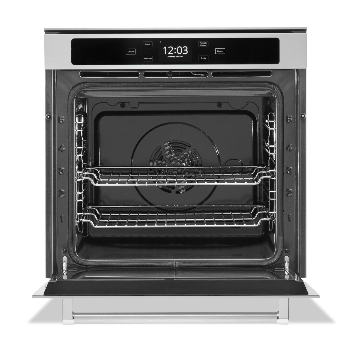Open oven interior showing two racks, five rack positions and a rear convection fan.