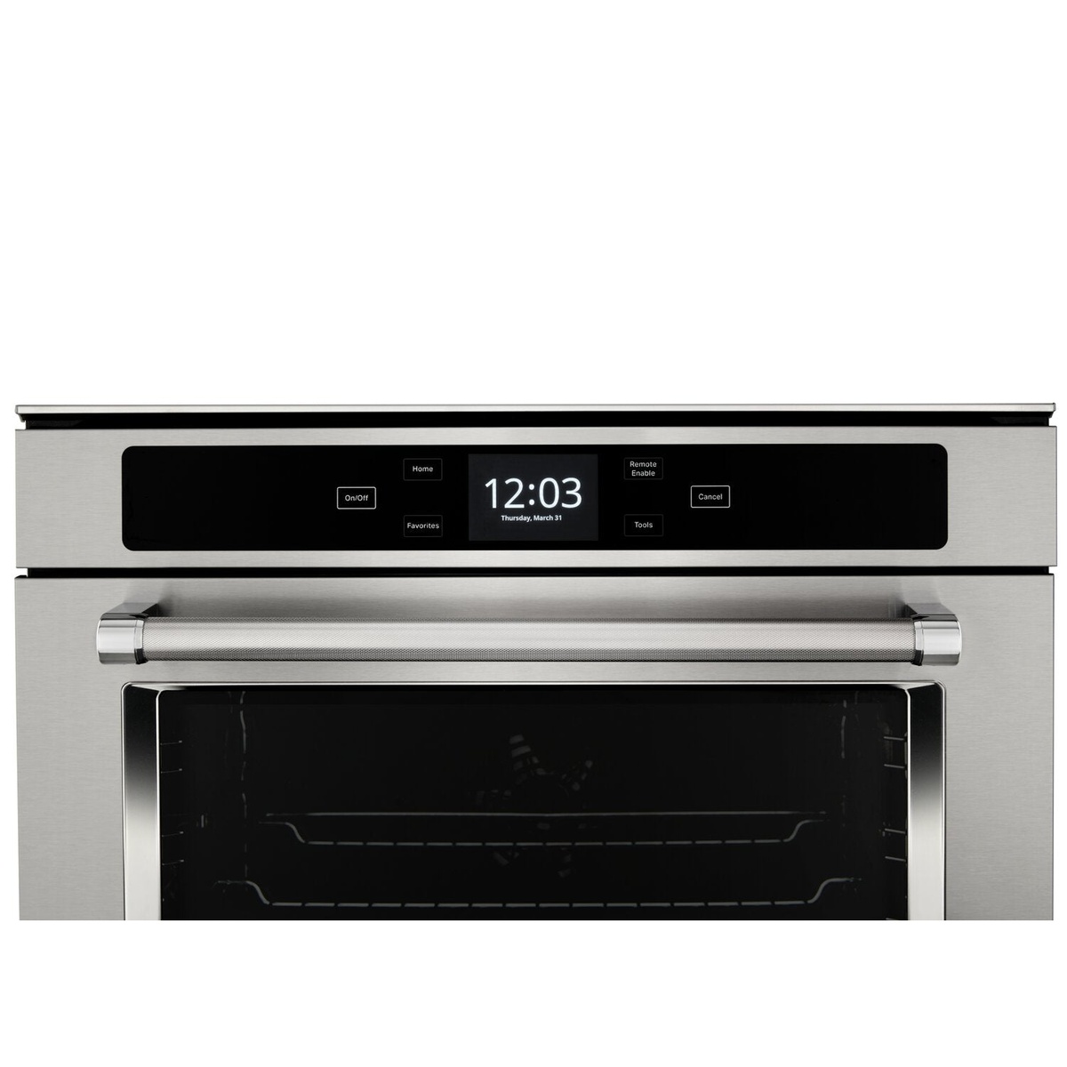 Close-up of the oven's full-color touch control panel and handle.