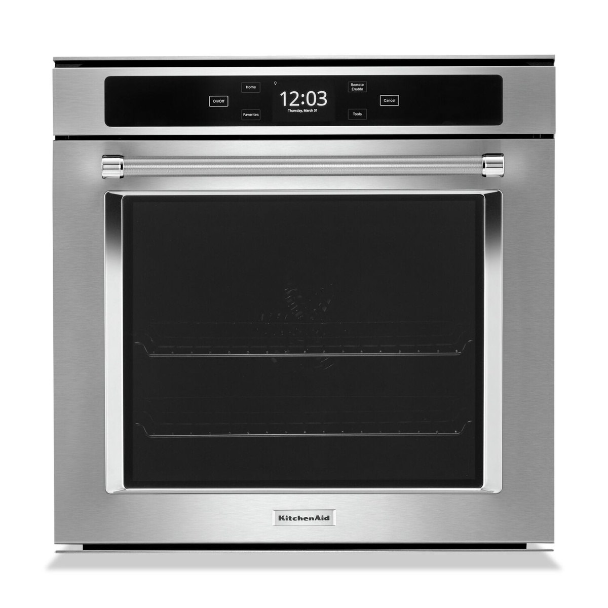 Front view of KitchenAid 24-inch stainless steel single wall oven with large window and touch display.