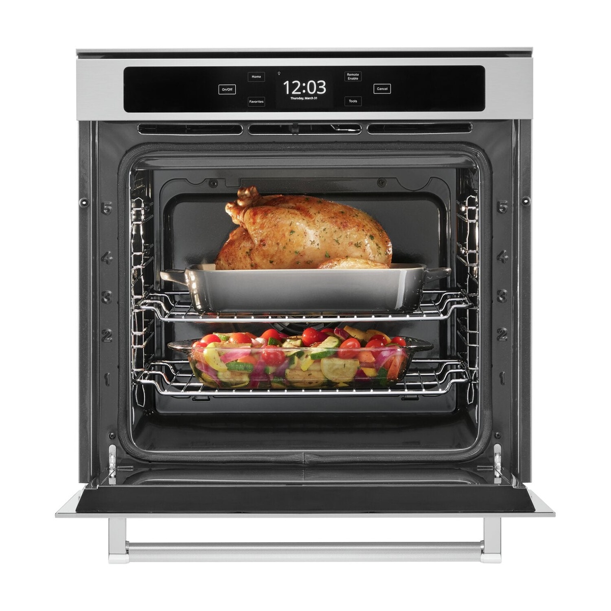 Oven cooking a roast and vegetables on two racks inside the cavity.