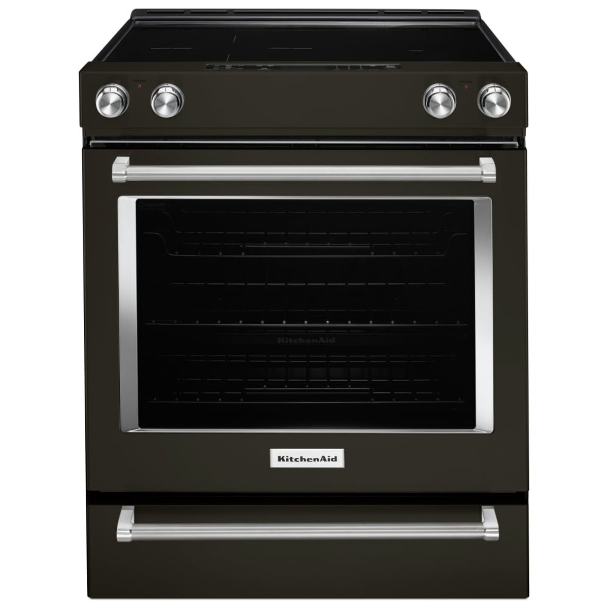 Front view of a KitchenAid slide-in electric range with black stainless finish, front knobs, and large oven window
