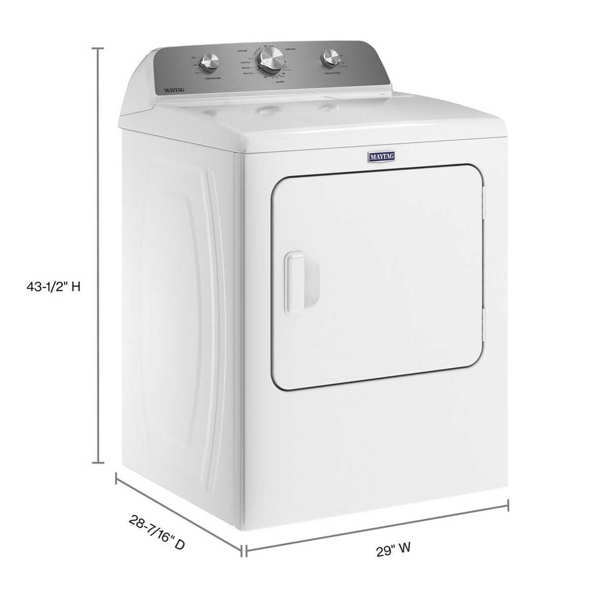 Maytag white dryer shown at an angle with labeled dimensions