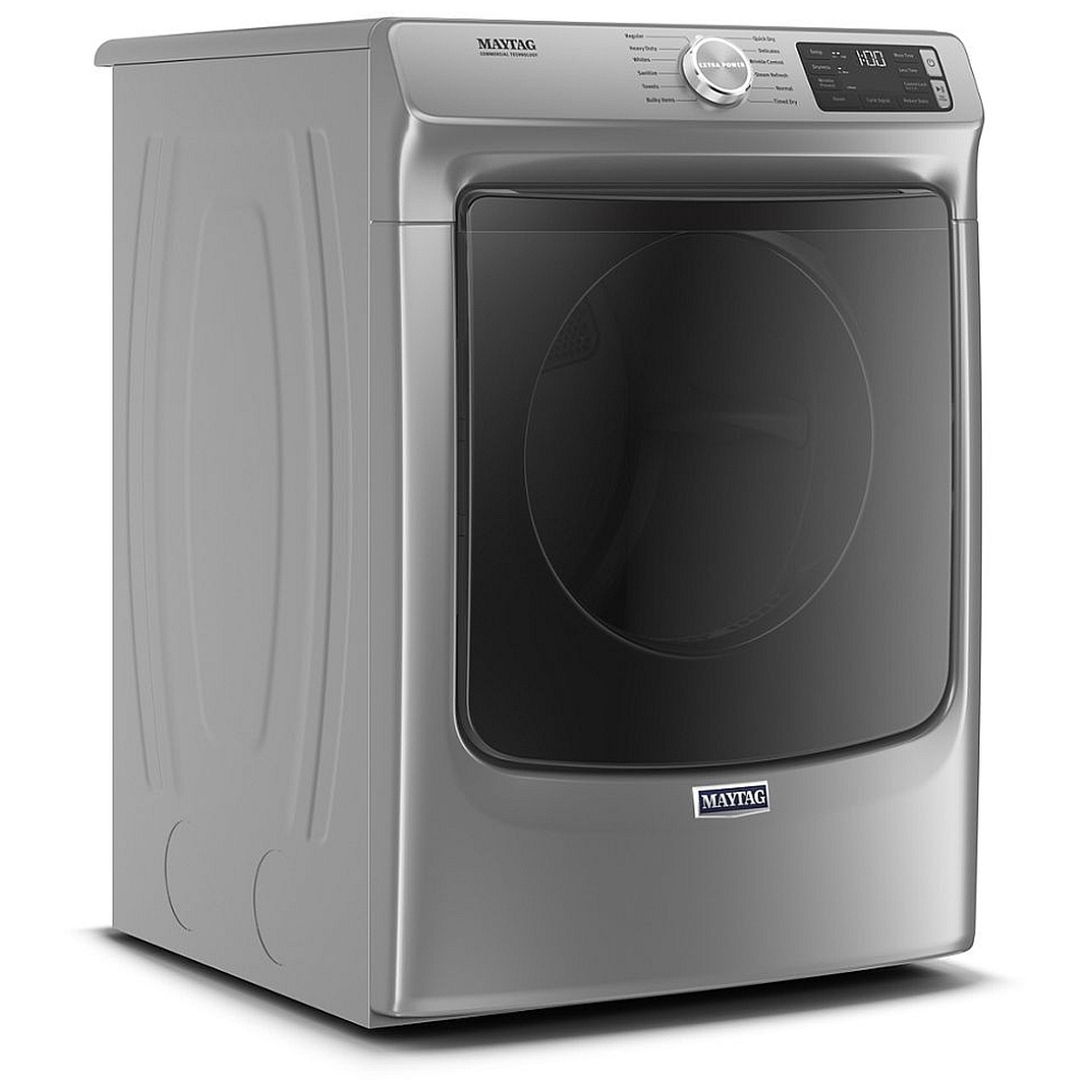 Angled view of Maytag front-load electric dryer showing metallic cabinet and window door
