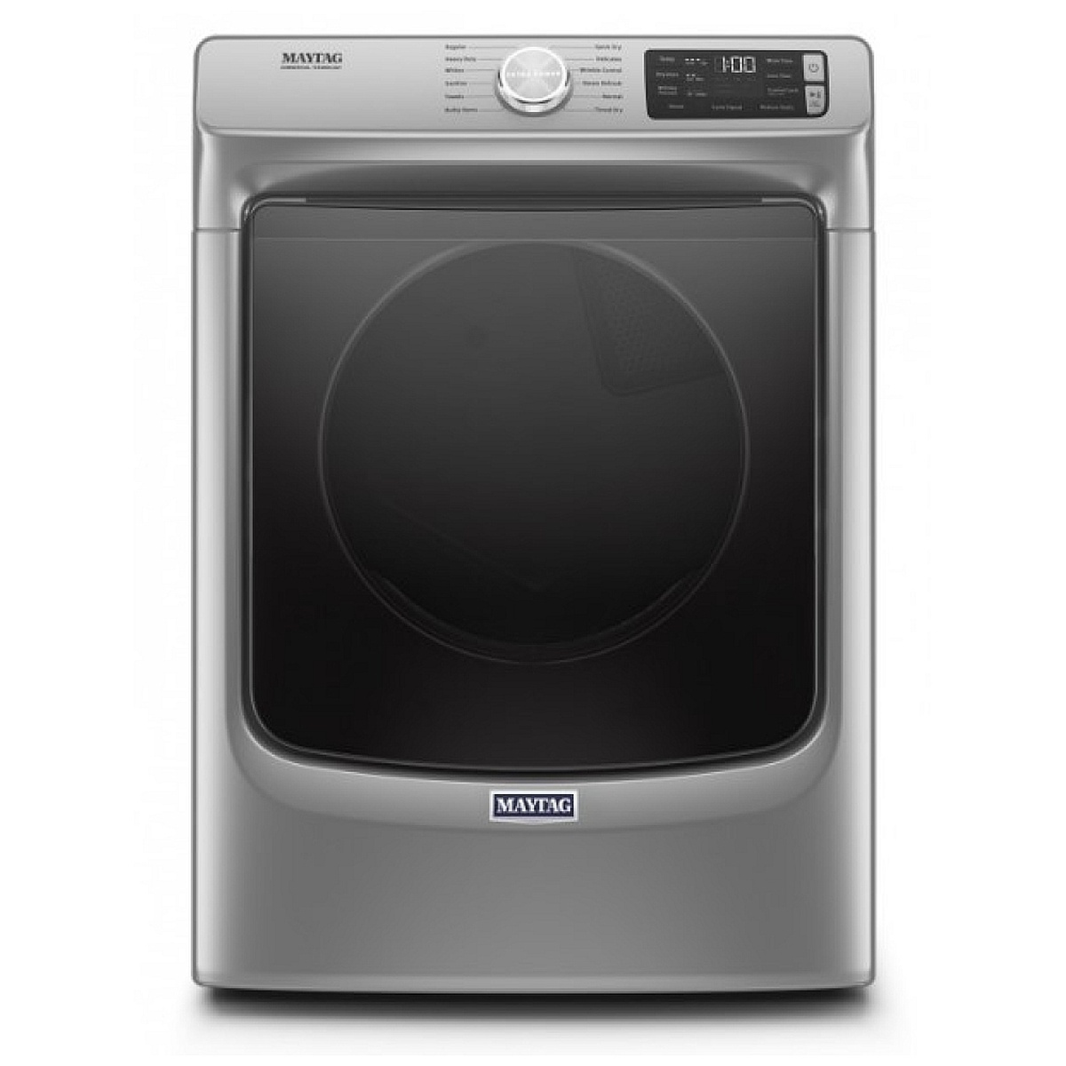 Front view of Maytag metallic slate electric dryer with large tinted window door