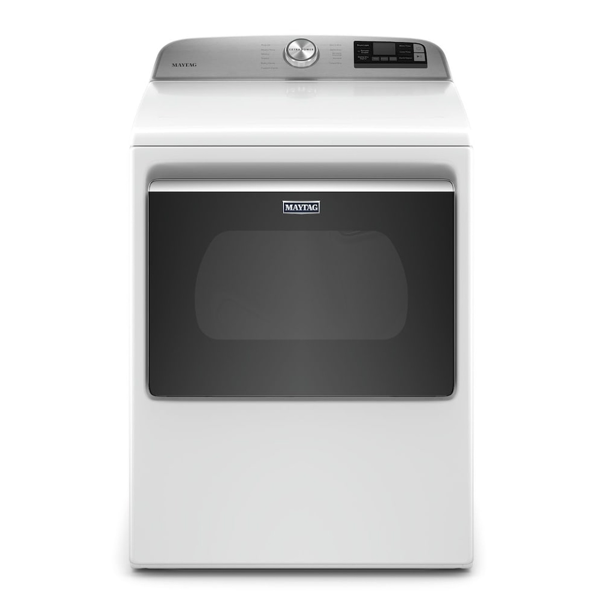 Front view of white Maytag smart electric dryer with large dark door window