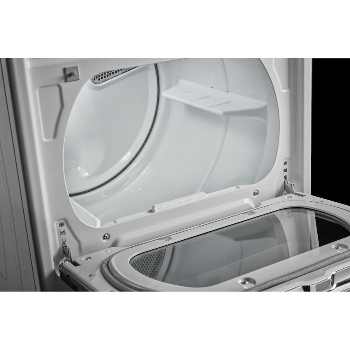 Open Maytag dryer showing hamper-style drop-down door and drum opening