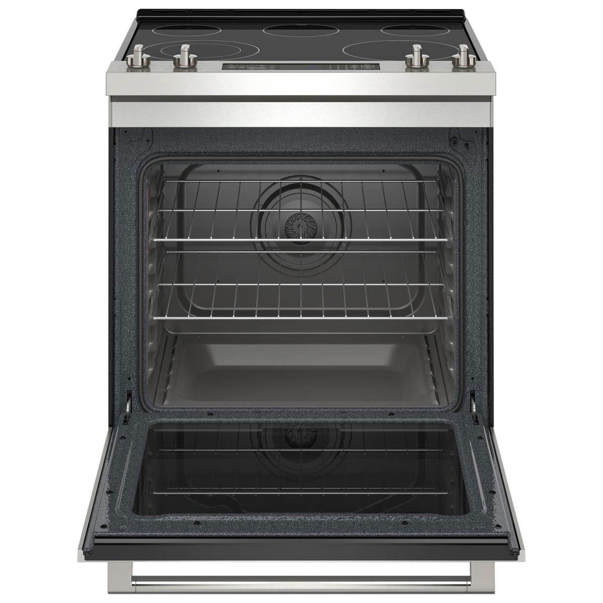 Open oven showing two racks and true convection fan