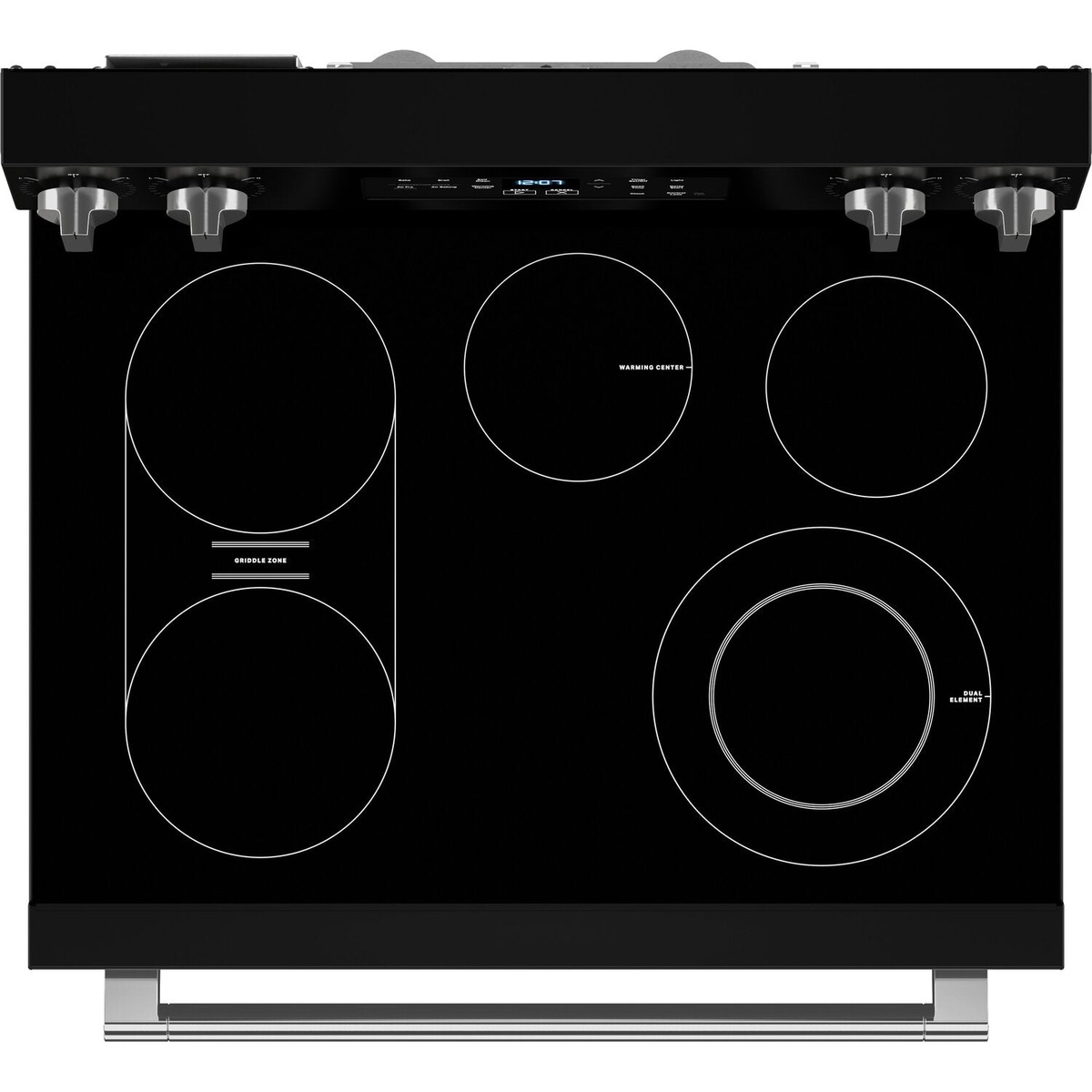 Top-down view of the smooth glass cooktop showing labeled griddle zone, warming center, and dual element.