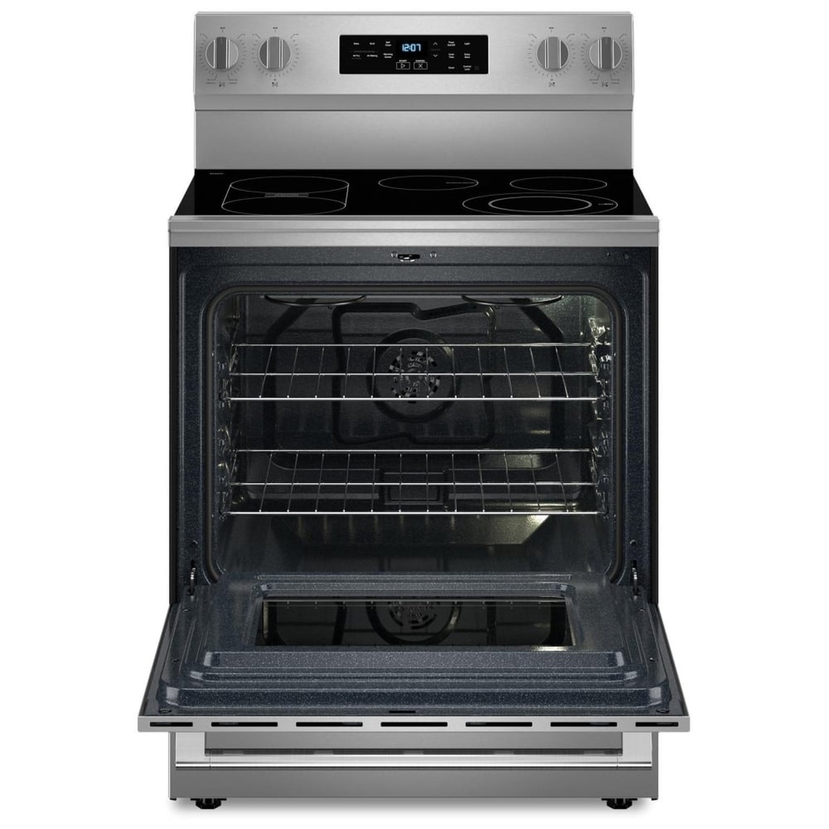Open oven cavity of Maytag range showing multiple racks and convection fan at back