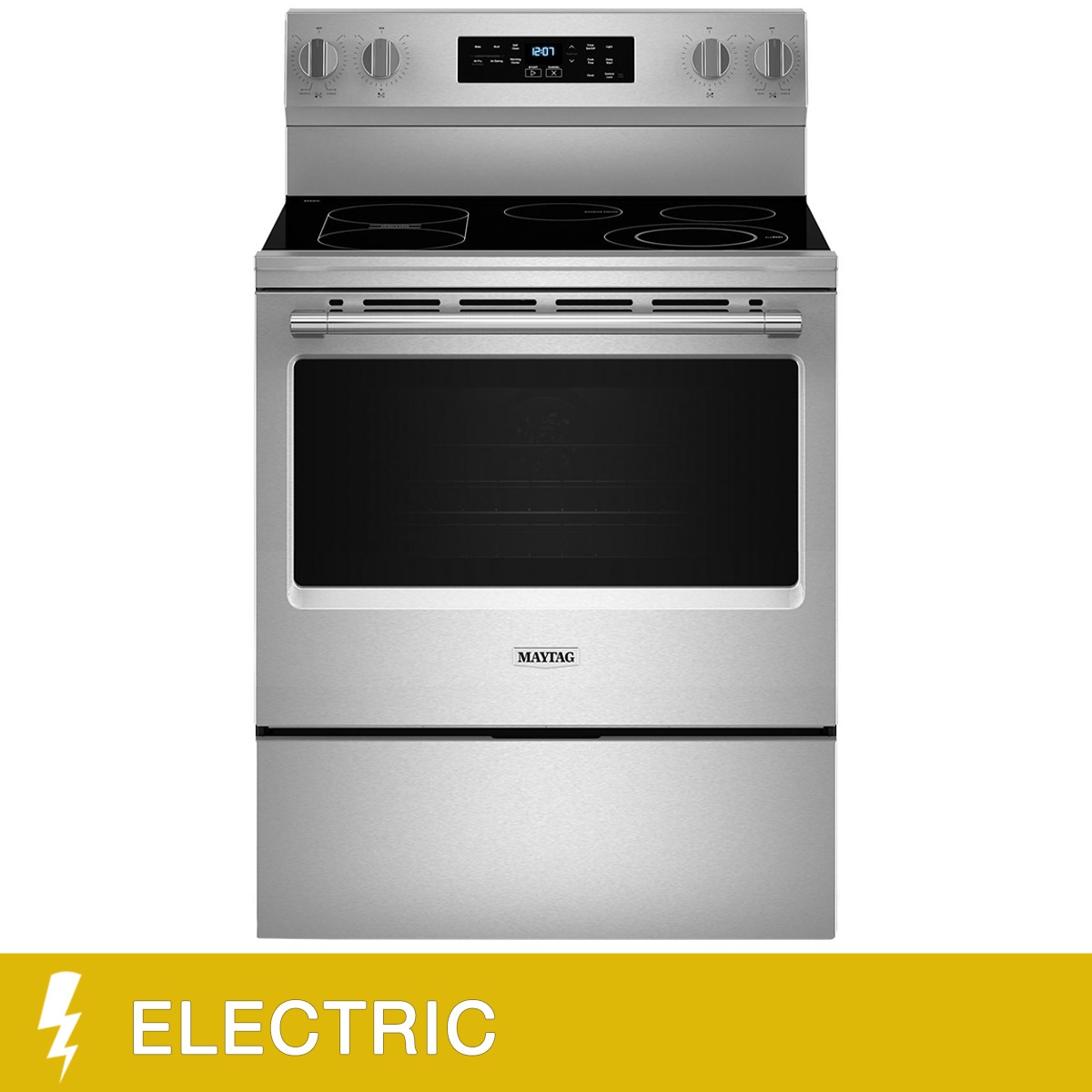 Maytag electric range with smooth glass cooktop and stainless finish