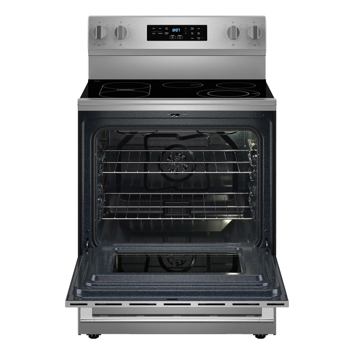 Open oven cavity showing multiple racks and convection fan