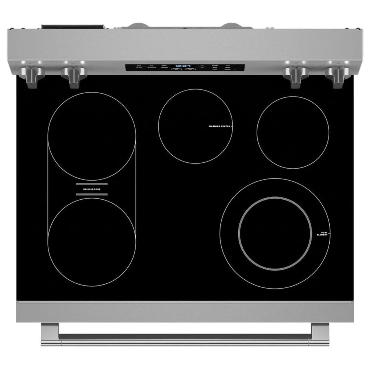 Top-down view of Maytag smooth glass cooktop showing four elements and a labeled warming center and griddle zone