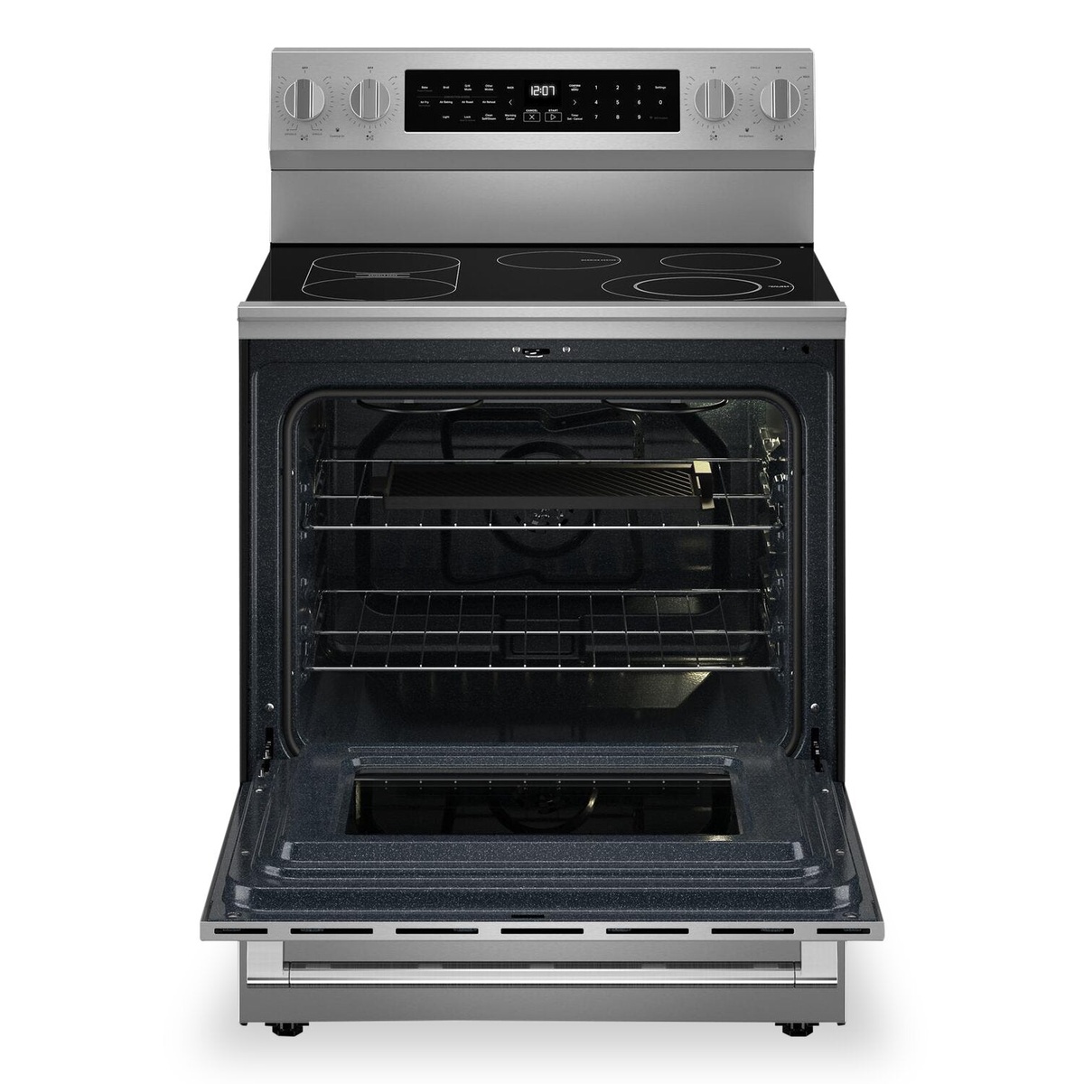 Open oven cavity of Maytag range showing racks and convection fan