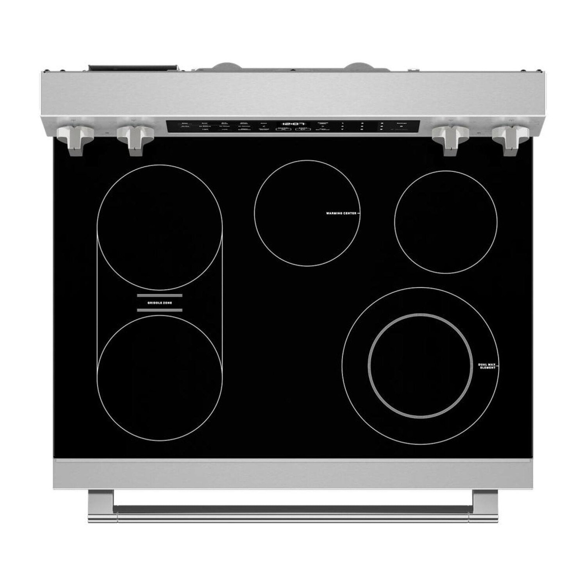 Top-down view of the cooktop showing five elements including a dual 10-inch burner