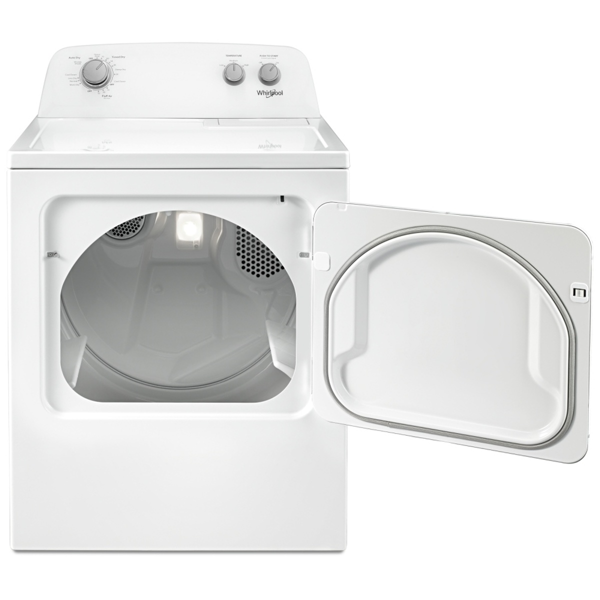 Dryer with door open showing wide drum opening and interior light.