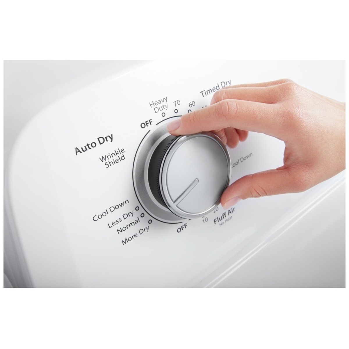 Close-up of Whirlpool dryer's main cycle dial showing Auto Dry, Timed Dry, and Wrinkle Shield options.