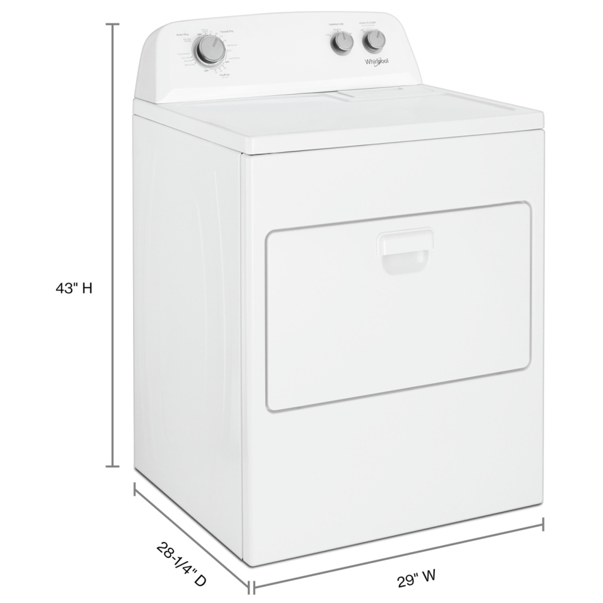 Product photo with dimensions: 43 in H, 29 in W, 28-1/4 in D.