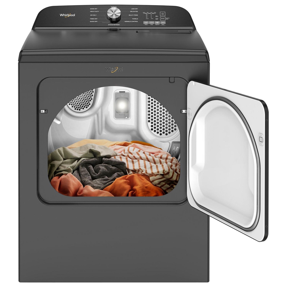 Open Whirlpool dryer drum loaded with mixed fabrics, interior light on