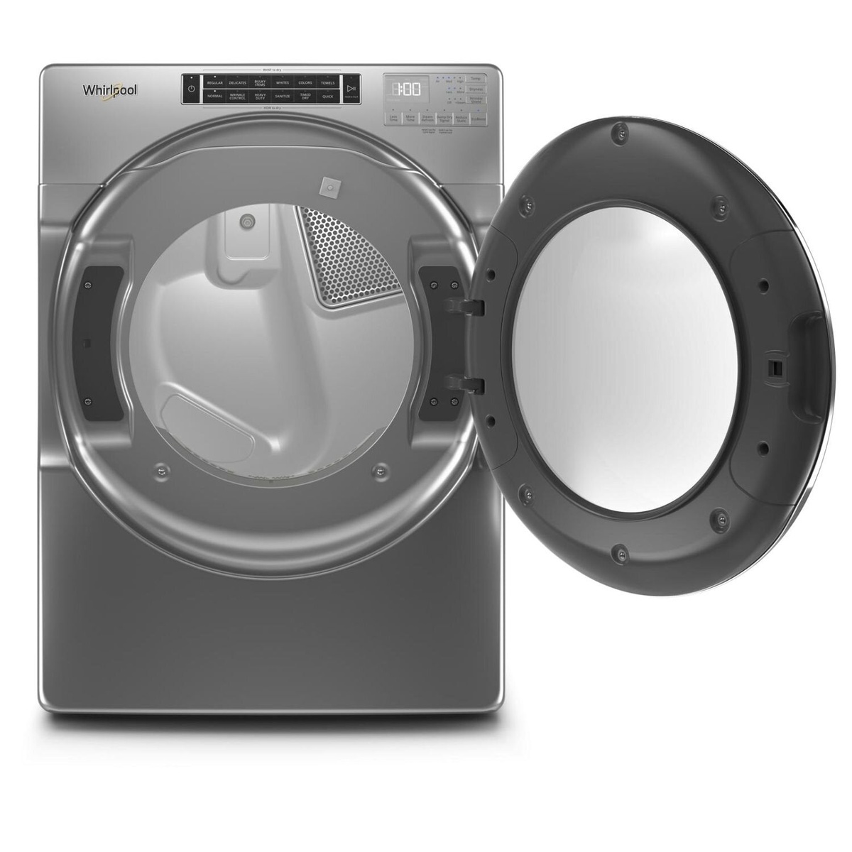 Open Whirlpool dryer door showing stainless steel drum and vent