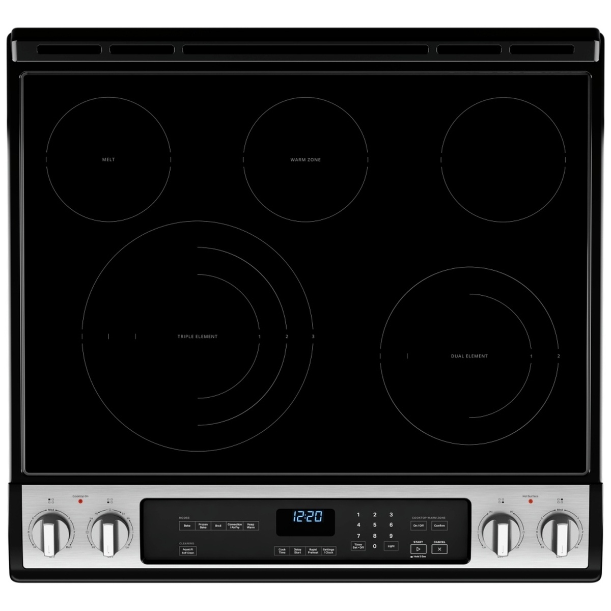 Top view of ceramic glass cooktop showing triple, dual and warm zone elements