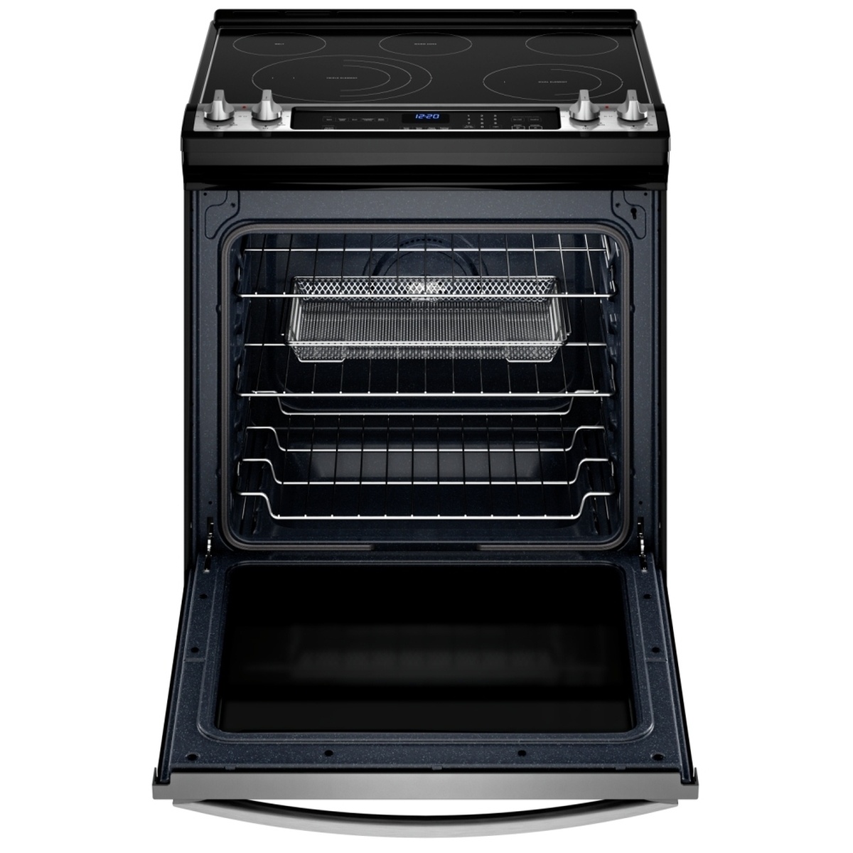 Open oven showing racks and included mesh air fry basket