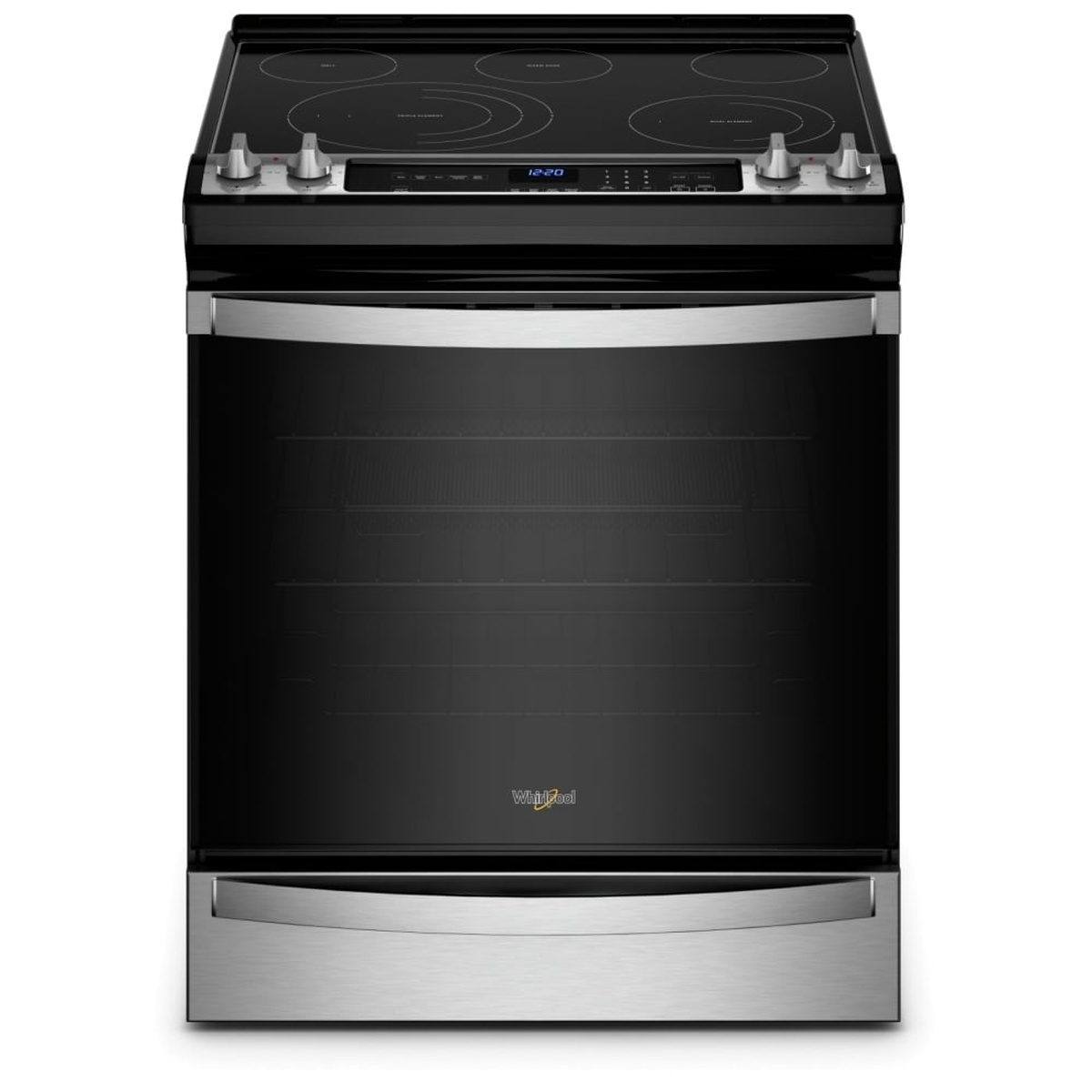 Front view of Whirlpool slide-in electric range in stainless and black with large glass oven door